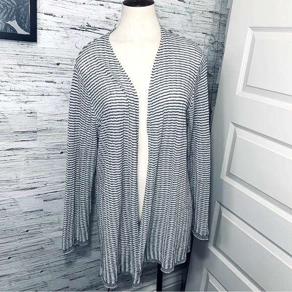 EILEEN Fisher Organic Linen Blend Striped Open Cardigan Sweater White Gray 1-2XL - Picture 5 of 13